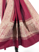 Wool Shawl in Burgundy Color with Gold and Copper Resham Aari Thread Work Shawl with Historial Figures and Elephants | Gift For Her