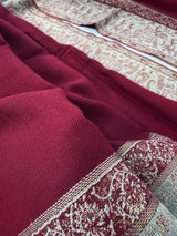 Wool Shawl in Burgundy Color with Gold and Copper Resham Aari Thread Work Shawl with Historial Figures and Elephants | Gift For Her