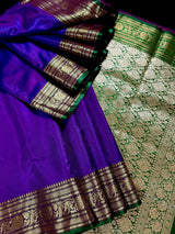 Dual Shade Purple and Blue Traditional Banarasi Satin Silk Handloom Saree with Bottle Green borders Pallu