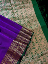 Dual Shade Purple and Blue Traditional Banarasi Satin Silk Handloom Saree with Bottle Green borders Pallu