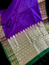 Dual Shade Purple and Blue Traditional Banarasi Satin Silk Handloom Saree with Bottle Green borders Pallu