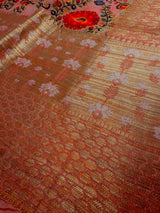 Statement Handmade Pure Banaras Cotton Silk Kalamkari Saree in Peach Color with Wide Borders | Kalamakari Saree