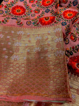 Statement Handmade Pure Banaras Cotton Silk Kalamkari Saree in Peach Color with Wide Borders | Kalamakari Saree