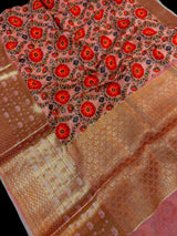 Statement Handmade Pure Banaras Cotton Silk Kalamkari Saree in Peach Color with Wide Borders | Kalamakari Saree