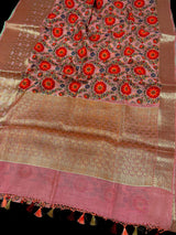 Statement Handmade Pure Banaras Cotton Silk Kalamkari Saree in Peach Color with Wide Borders | Kalamakari Saree