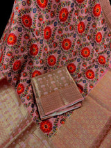 Statement Handmade Pure Banaras Cotton Silk Kalamkari Saree in Peach Color with Wide Borders | Kalamakari Saree