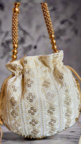 Off White Color Raw Silk Light Weight Potli Bag | Embroidery and Gotta Patti Work Potli Bags | Bags for Gifts | Wedding Bags