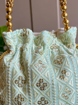 Pastel Sea Blue Color Raw Silk Light Weight Potli Bag | Embroidery and Gotta Patti Work Potli Bags | Bags for Gifts | Wedding Bags