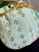 Pastel Sea Blue Color Raw Silk Light Weight Potli Bag | Embroidery and Gotta Patti Work Potli Bags | Bags for Gifts | Wedding Bags