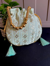 Pastel Sea Blue Color Raw Silk Light Weight Potli Bag | Embroidery and Gotta Patti Work Potli Bags | Bags for Gifts | Wedding Bags