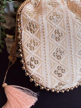 Pastel Peach Color Raw Silk Light Weight Potli Bag | Embroidery and Gotta Patti Work Potli Bags | Bags for Gifts | Wedding Bags