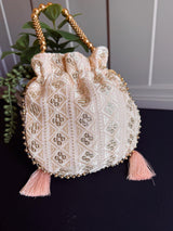 Pastel Peach Color Raw Silk Light Weight Potli Bag | Embroidery and Gotta Patti Work Potli Bags | Bags for Gifts | Wedding Bags