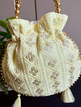 Pastel Yellow Color Raw Silk Light Weight Potli Bag | Embroidery and Gotta Patti Work Potli Bags | Bags for Gifts | Wedding Bags