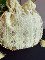 Pastel Yellow Color Raw Silk Light Weight Potli Bag | Embroidery and Gotta Patti Work Potli Bags | Bags for Gifts | Wedding Bags