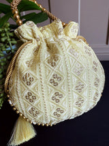 Pastel Yellow Color Raw Silk Light Weight Potli Bag | Embroidery and Gotta Patti Work Potli Bags | Bags for Gifts | Wedding Bags