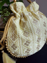 Pastel Yellow Color Raw Silk Light Weight Potli Bag | Embroidery and Gotta Patti Work Potli Bags | Bags for Gifts | Wedding Bags