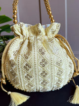 Pastel Yellow Color Raw Silk Light Weight Potli Bag | Embroidery and Gotta Patti Work Potli Bags | Bags for Gifts | Wedding Bags