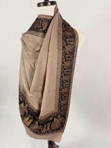 Beige and Black Wool Shawl | Black and Copper Gold Resham Aari Thread Work Shawl with Historial Figures and Elephants | Gift For Her