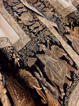 Beige and Black Wool Shawl | Black and Copper Gold Resham Aari Thread Work Shawl with Historial Figures and Elephants | Gift For Her