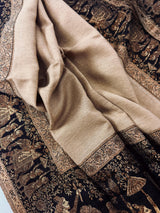 Beige and Black Wool Shawl | Black and Copper Gold Resham Aari Thread Work Shawl with Historial Figures and Elephants | Gift For Her