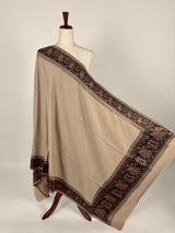 Beige and Black Wool Shawl | Black and Copper Gold Resham Aari Thread Work Shawl with Historial Figures and Elephants | Gift For Her