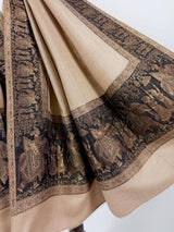 Beige and Black Wool Shawl | Black and Copper Gold Resham Aari Thread Work Shawl with Historial Figures and Elephants | Gift For Her