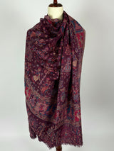 Eggplant Purple Color Kashmiri Wool Shawl in Kani Weave with Images of Clasical Dance forms of India  |  Purple Color Wool Shawl for Gift