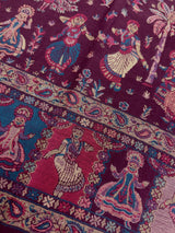 Eggplant Purple Color Kashmiri Wool Shawl in Kani Weave with Images of Clasical Dance forms of India  |  Purple Color Wool Shawl for Gift
