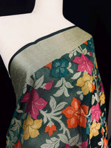 Green Color Benarasi Handwoven Cotton Silk Dupatta with Meenkari and Resham Weaving | Floral Jaal Dupatta | Dupatta for Lehanga Dupatta