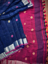 Pure Khaadi Cotton blend with Linen in Navy Blue and Purple Pink Color Saree with Sliver Zari Borders | Cotton and Linen Sarees