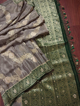 Statement English Grey Color Banarasi Dupion Silk Saree in Slate Grey Color with Green Color and Muted Gold Zari