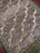 Statement English Grey Color Banarasi Dupion Silk Saree in Slate Grey Color with Green Color and Muted Gold Zari