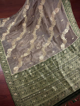 Statement English Grey Color Banarasi Dupion Silk Saree in Slate Grey Color with Green Color and Muted Gold Zari
