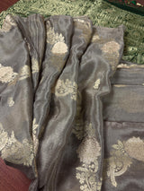 Statement English Grey Color Banarasi Dupion Silk Saree in Slate Grey Color with Green Color and Muted Gold Zari