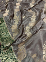 Statement English Grey Color Banarasi Dupion Silk Saree in Slate Grey Color with Green Color and Muted Gold Zari