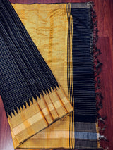 Black and Mustard Yellow Pure Raw Silk Saree with Temple Borders with Checks | Handwoven Saree | SILK MARK CERTIFIED