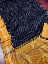 Black and Mustard Yellow Pure Raw Silk Saree with Temple Borders with Checks | Handwoven Saree | SILK MARK CERTIFIED