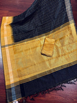 Black and Mustard Yellow Pure Raw Silk Saree with Temple Borders with Checks | Handwoven Saree | SILK MARK CERTIFIED