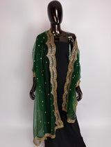 Bottle Green Color Net Dupatta with Gold Zari, Sequin and Bead | Sequin Dupatta | Indian Dupatta for Lehanga | Weddding, Party Wear Dupatta