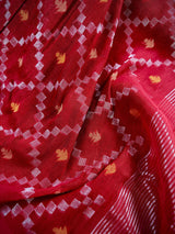 Red Color Bengal Linen Jamdani Handwoven Saree in Patola deisgn with Sliver Zari and Meenakari | Tissue Pallu | Linen Saree | Gift for Her
