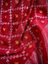 Red Color Bengal Linen Jamdani Handwoven Saree in Patola deisgn with Sliver Zari and Meenakari