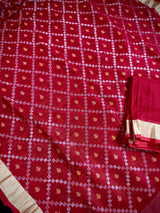 Red Color Bengal Linen Jamdani Handwoven Saree in Patola deisgn with Sliver Zari and Meenakari