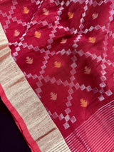 Red Color Bengal Linen Jamdani Handwoven Saree in Patola deisgn with Sliver Zari and Meenakari