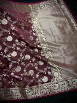 Statement Handmade Burgundy Color Semi Katan Banarasi Silk Saree | Soft Katan Sarees | Ships from California