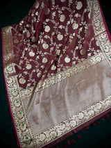 Statement Handmade Burgundy Color Semi Katan Banarasi Silk Saree | Soft Katan Sarees | Ships from California
