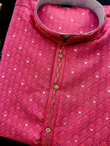 Strawberry Pink Color Soft Raw Silk Men Kurta Pajama Self Design and tiny Zari Weave | Party Wear Men Ethnic Wear | Wedding Wear Kurta
