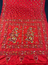 Tomato Red Color Bangalori Silk Saree with Hand Kantha Stitch | Handwoven Kantha Stitch Sarees | Kantha Saress | Silk Sarees | Bengal Saree