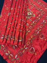 Tomato Red Color Bangalori Silk Saree with Hand Kantha Stitch | Handwoven Kantha Stitch Sarees | Kantha Saress | Silk Sarees | Bengal Saree