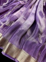 Statement Handmade Pastel Lavender Color Saree with thin Striped Banarasi Satin Tissue Silk Saree
