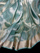 Statement Handmade Deep Turquoise Color Saree with thin Striped Banarasi Satin Tissue Silk Saree
